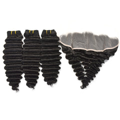 Deep Wave Hair 3 Bundles With 13x4 Transparent Lace Frontal High Quality Virgin Hair
