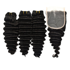 Deep Wave Hair 3 Bundles With 5x5 Transparent Lace Closure High Quality Virgin Hair