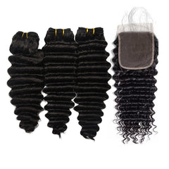 Deep Wave Hair 3 Bundles With 4x4 HD Lace Closure High Quality Virgin Hair