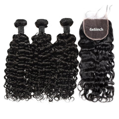 Water Wave Hair 3 Bundles With 6x6 HD Lace Closure High Quality Virgin Hair