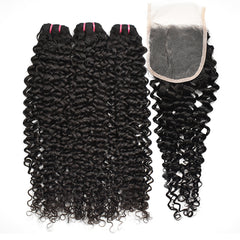 Raw Hair Curly Hair 3 Bundles With 4x4 Transparent Lace Closure