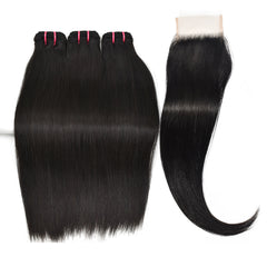 Straight Raw Hair 3 Bundles With 4x4 Transparent Lace Closure