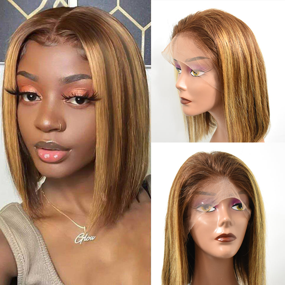 Straight 4T4/27 Color 13×4 Transparent Lace Bob Wigs Human Hair Wig