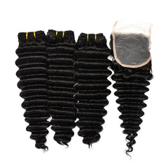 Deep Wave Hair 3 Bundles With 4x4 Transparent Lace Closure High Quality Brazilian Virgin Hair