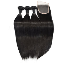 Straight Hair 3 Bundles With 4x4 Transparent Lace Closure High Quality Brazilian Virgin Hair