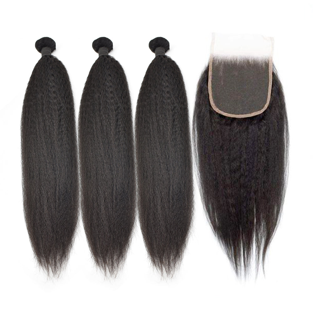 Kinky Straight Hair 3 Bundles With 5x5 Transparent Lace Closure