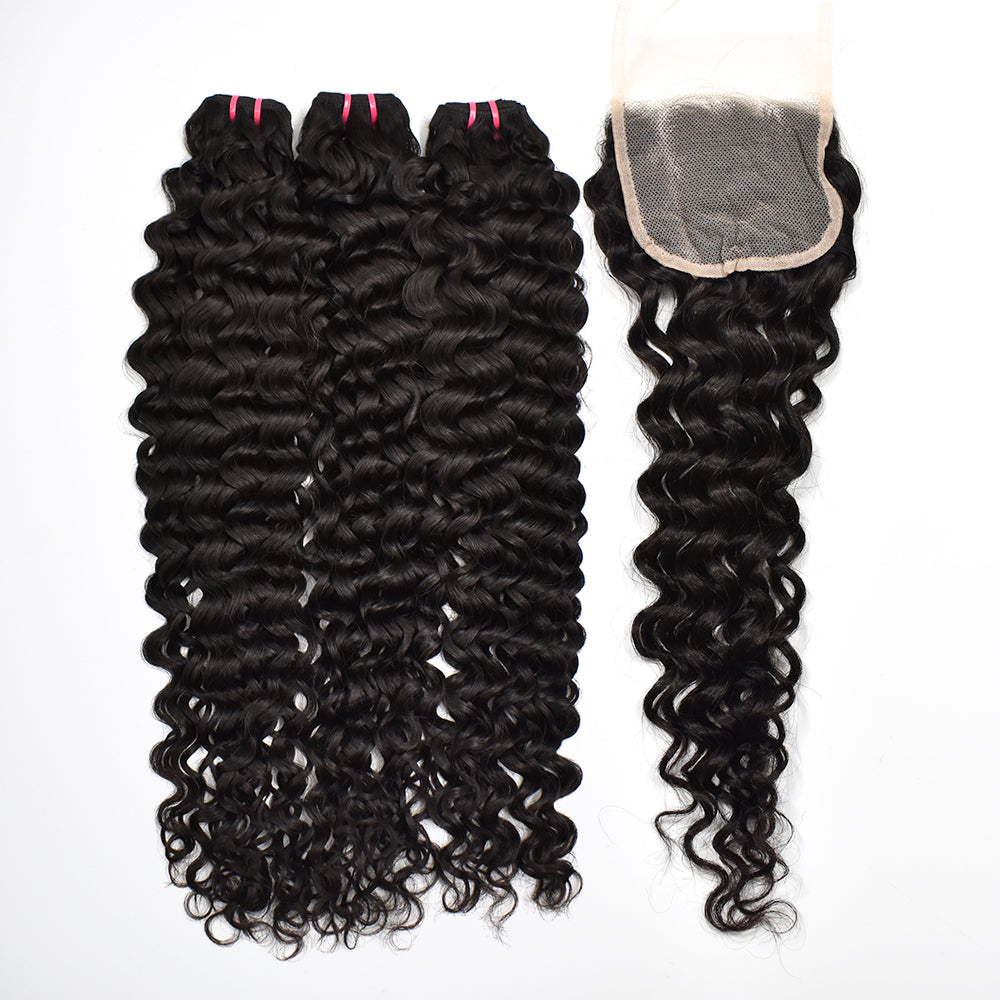 Raw Hair Water Wave Hair 3 Bundles With 4x4 Transparent Lace Closure