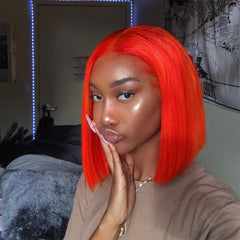 Straight Red Color 13×4 Transparent Lace Bob Wigs Human Hair Wig