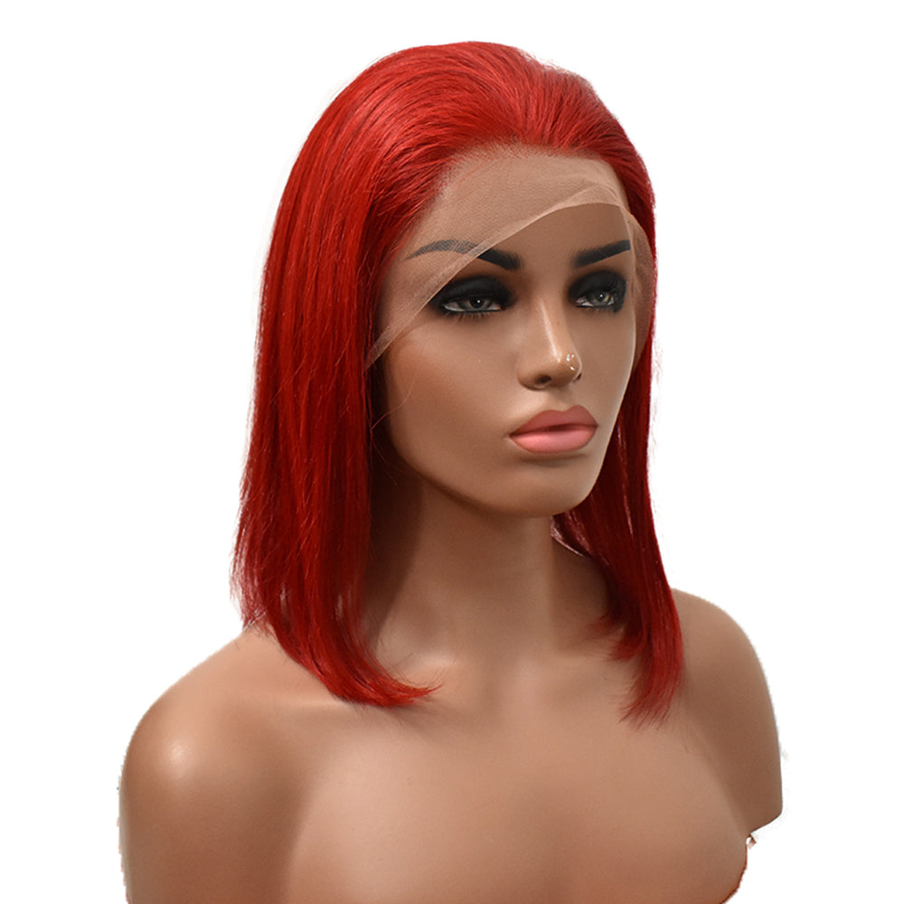 Straight Red Color 13×4 Transparent Lace Bob Wigs Human Hair Wig