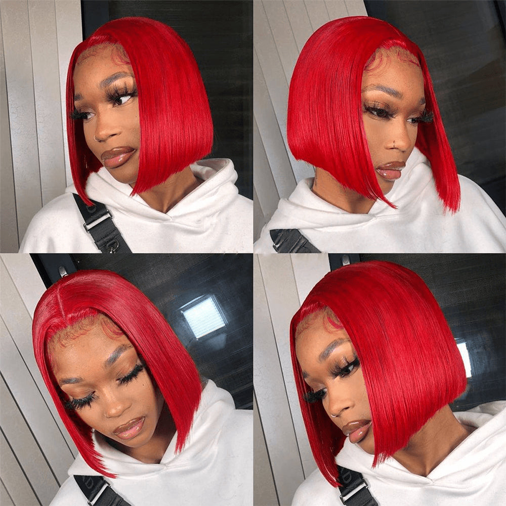 Straight Red Color 13×4 Transparent Lace Bob Wigs Human Hair Wig